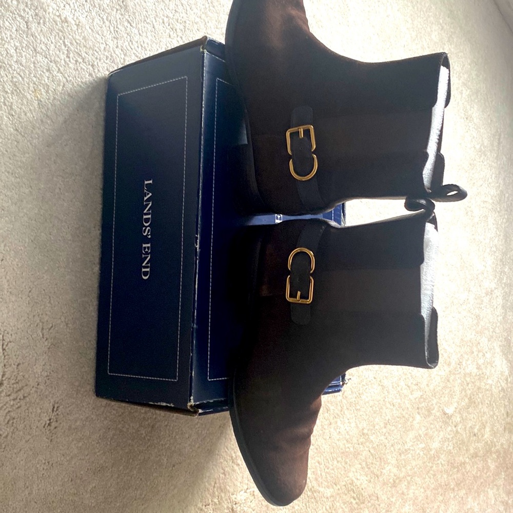 Lands End Brown suede boot with brass buckle size 8 1/2